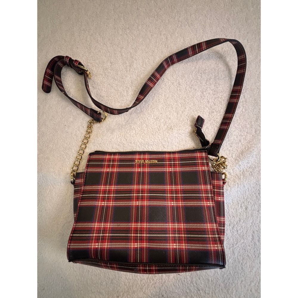 Steve Madden Red Black Plaid Crossbody Bag Gold Chain Strap Tartan Festive Purse